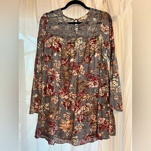 Umgee Floral Tunic with Lace Detail - Gray Blue and Burgundy